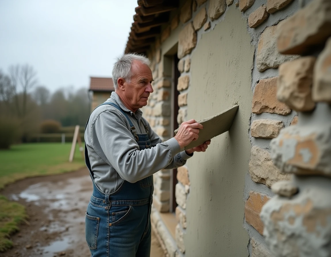 Auto-constructeur appliquant un enduit à la chaux sur un mur en pierre par temps humide et couvert