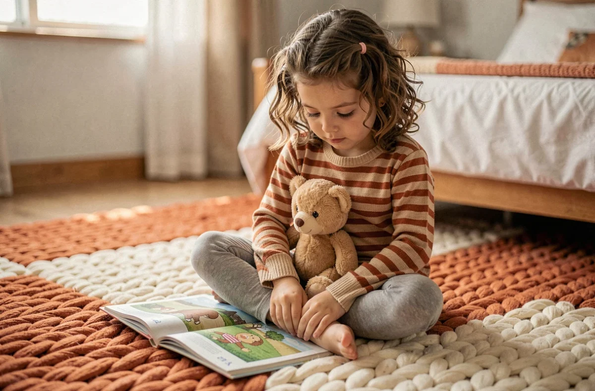 Petite fille assise sur une moquette isolante thermique épaisse en terracotta lisant un livre dans sa chambre sécurisée
