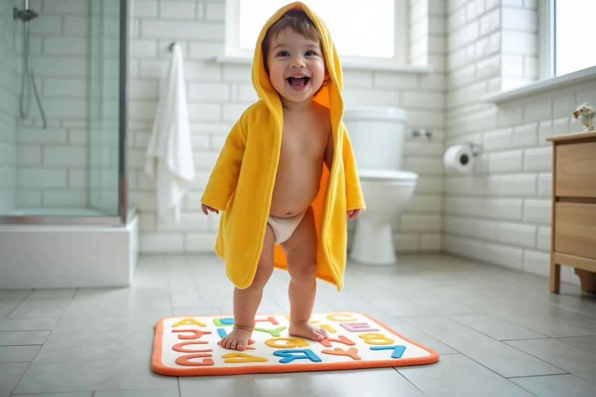 Enfant en bas âge souriant debout sur un tapis de bain antidérapant avec lettres et animaux colorés