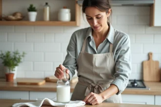 Femme retirant de la colle sur du PVC avec du vinaigre blanc et un chiffon, méthode naturelle sans produits toxiques