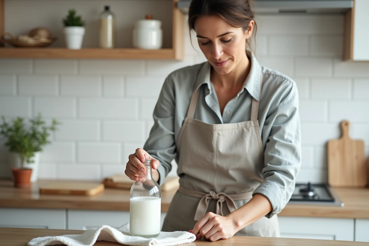 Femme retirant de la colle sur du PVC avec du vinaigre blanc et un chiffon, méthode naturelle sans produits toxiques