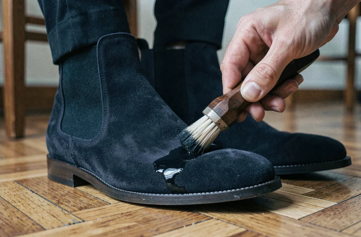Brossage d'une tache sur des boots en daim marine avec une brosse spécialisée