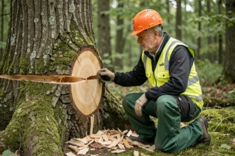 Arboriste professionnel inspectant l'entaille technique à la base d'un chêne lors d'un abattage en forêt