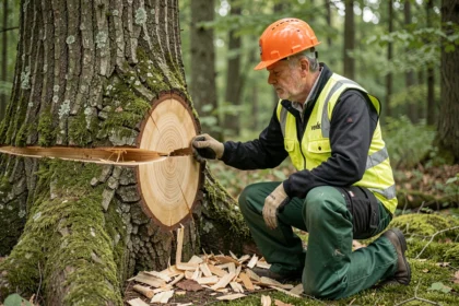 Arboriste professionnel inspectant l'entaille technique à la base d'un chêne lors d'un abattage en forêt