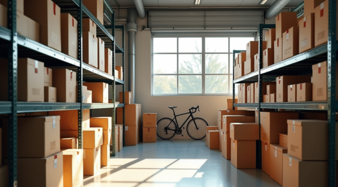 Intérieur d'un entrepôt bien organisé avec boîtes et vélos