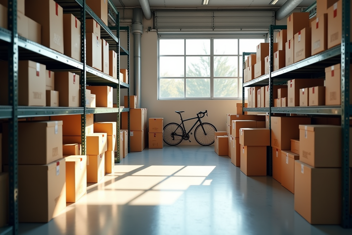 Intérieur d'un entrepôt bien organisé avec boîtes et vélos
