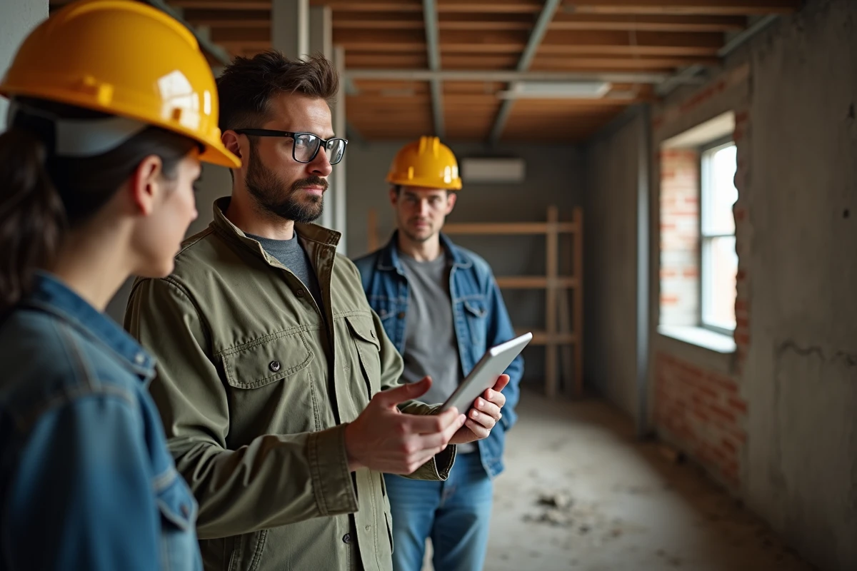 Entrepreneur en bâtiment présentant une estimation de rénovation numérique à des propriétaires sur un chantier