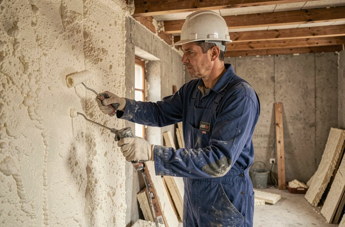 Technicien de l'entreprise Isolation Coulommiers appliquant de la mousse isolante sur un mur intérieur