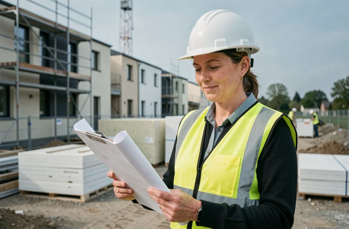 Responsable de chantier de l'entreprise Isolation Lieusaint consultant des plans sur un site de construction