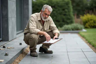 Artisan examinant un devis de terrasse sur un chantier inachevé avec des carreaux épars et des erreurs de planification visibles