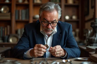 Expert en argenterie examinant le poinçon d'un couvert en argent à la loupe dans un atelier d'antiquités