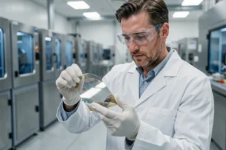 Ingénieur manipulant une plaquette de silicium dans une usine de fabrication de panneaux solaires en salle blanche