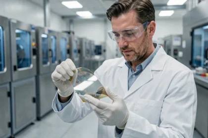 Ingénieur manipulant une plaquette de silicium dans une usine de fabrication de panneaux solaires en salle blanche