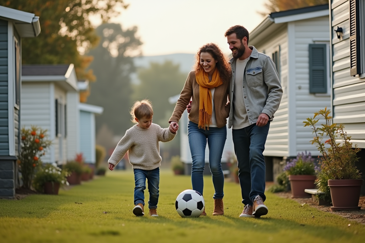 Famille dehors devant leur mobile home avec un ballon de football
