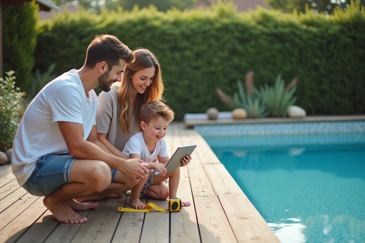 Famille avec enfant mesurant la piscine dans le jardin
