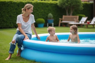 Jeune femme avec enfants dans une piscine gonflable en été