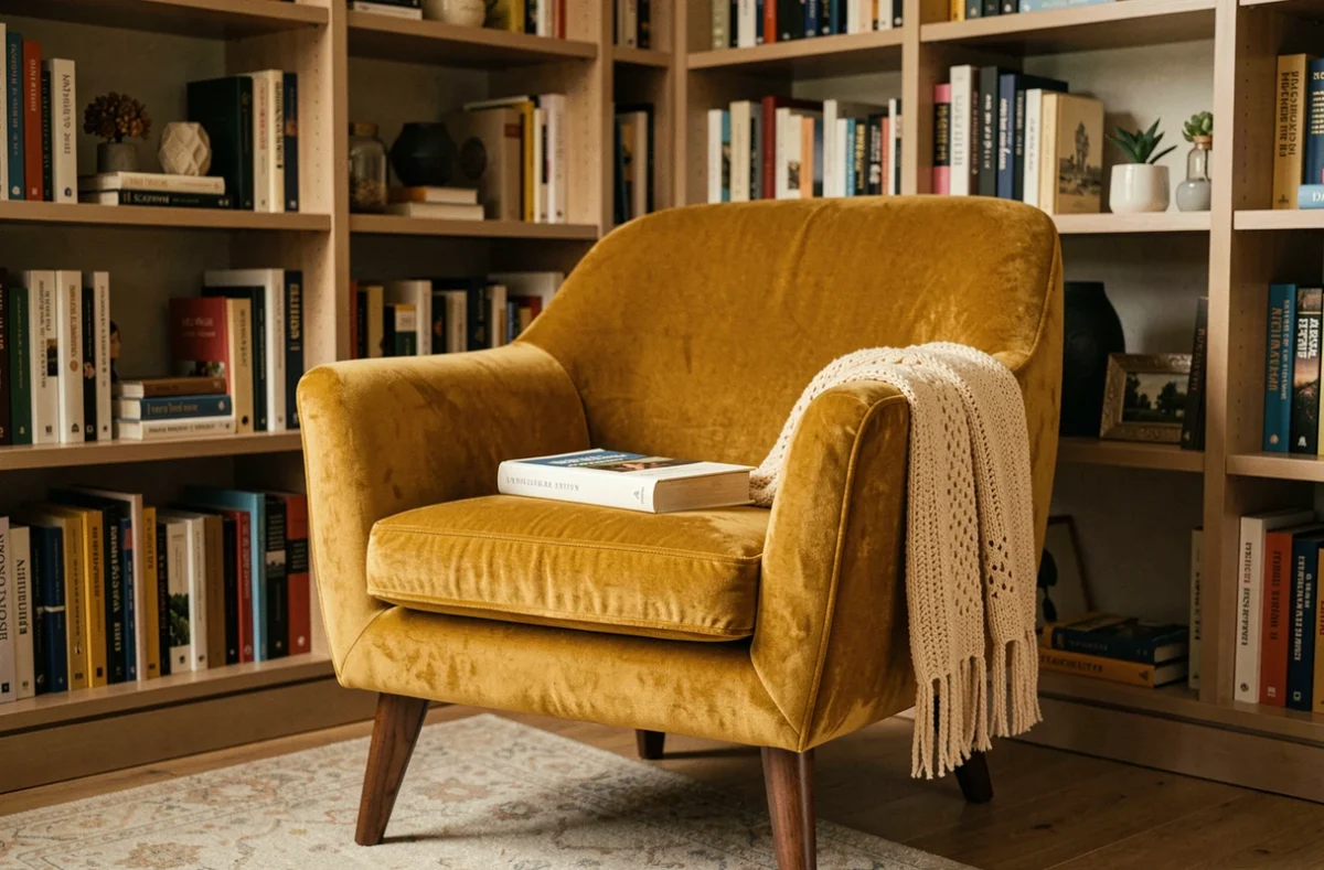 Fauteuil de lecture design en velours moutarde avec pieds en noyer dans un coin bibliothèque cosy