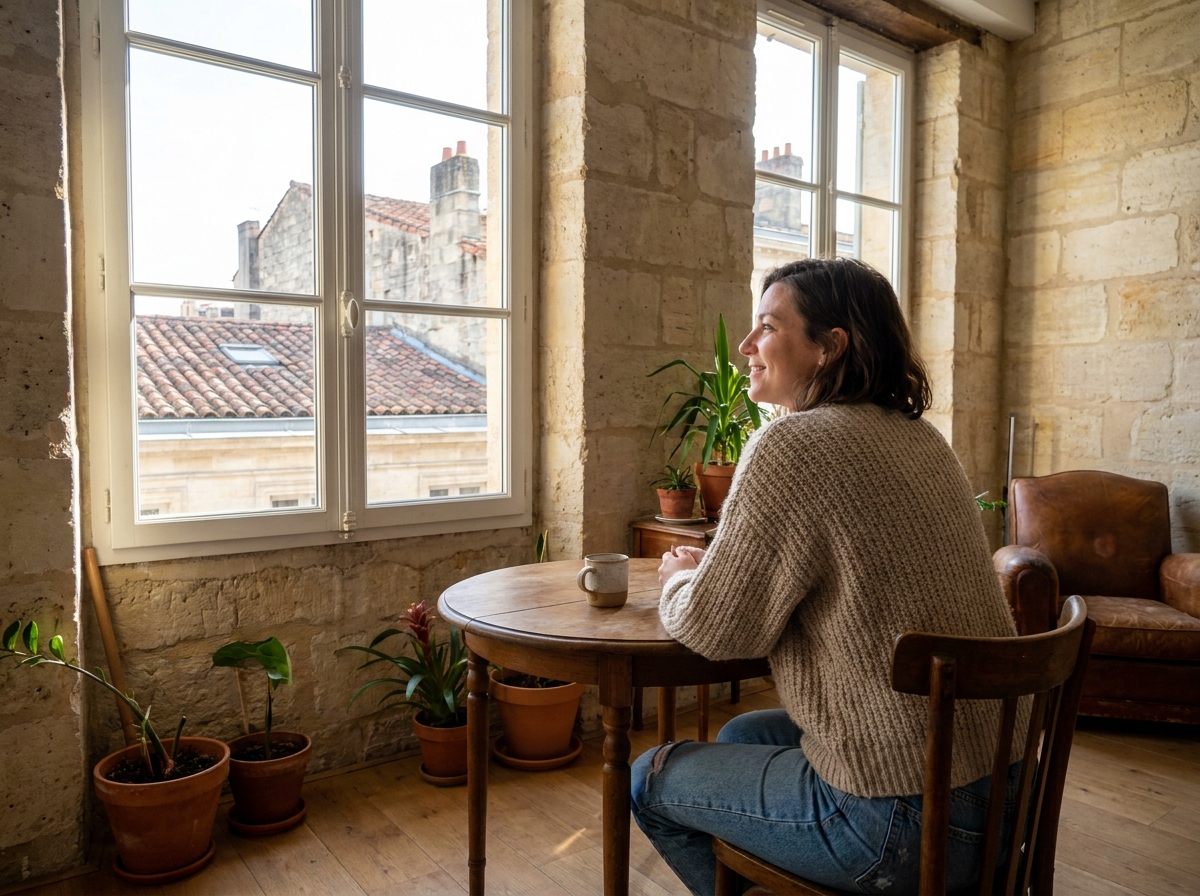 Jeune femme souriante regardant par une fenêtre restaurée à Bordeaux