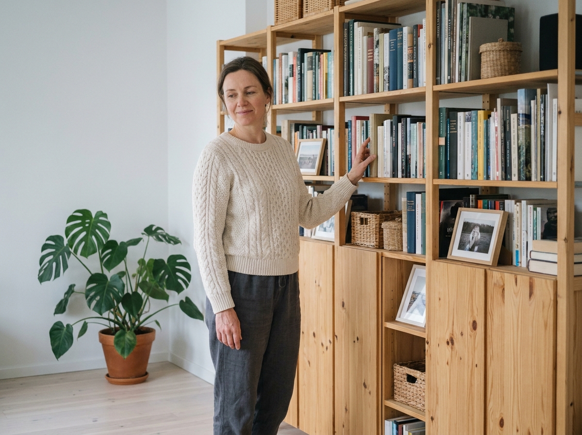 Femme contemplative feuilletant un livre devant une grande bibliothèque en pin massif dans un salon de style scandinave