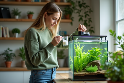 Femme versant bicarbonate dans un aquarium lumineux