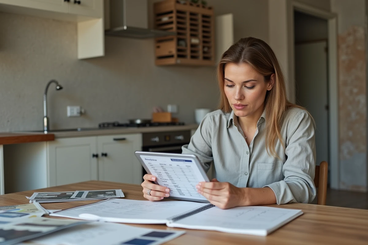 Femme planifiant son budget de rénovation avec des échantillons de matériaux et une tablette affichant un outil de gestion des surcoûts