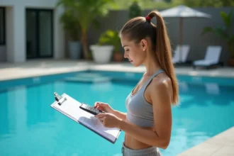 Femme en sportswear vérifiant des calculs près d'une piscine