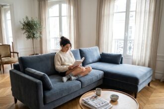 Femme détendue lisant un livre sur un canapé velours bleu ardoise dans un appartement parisien moderne au parquet en chêne