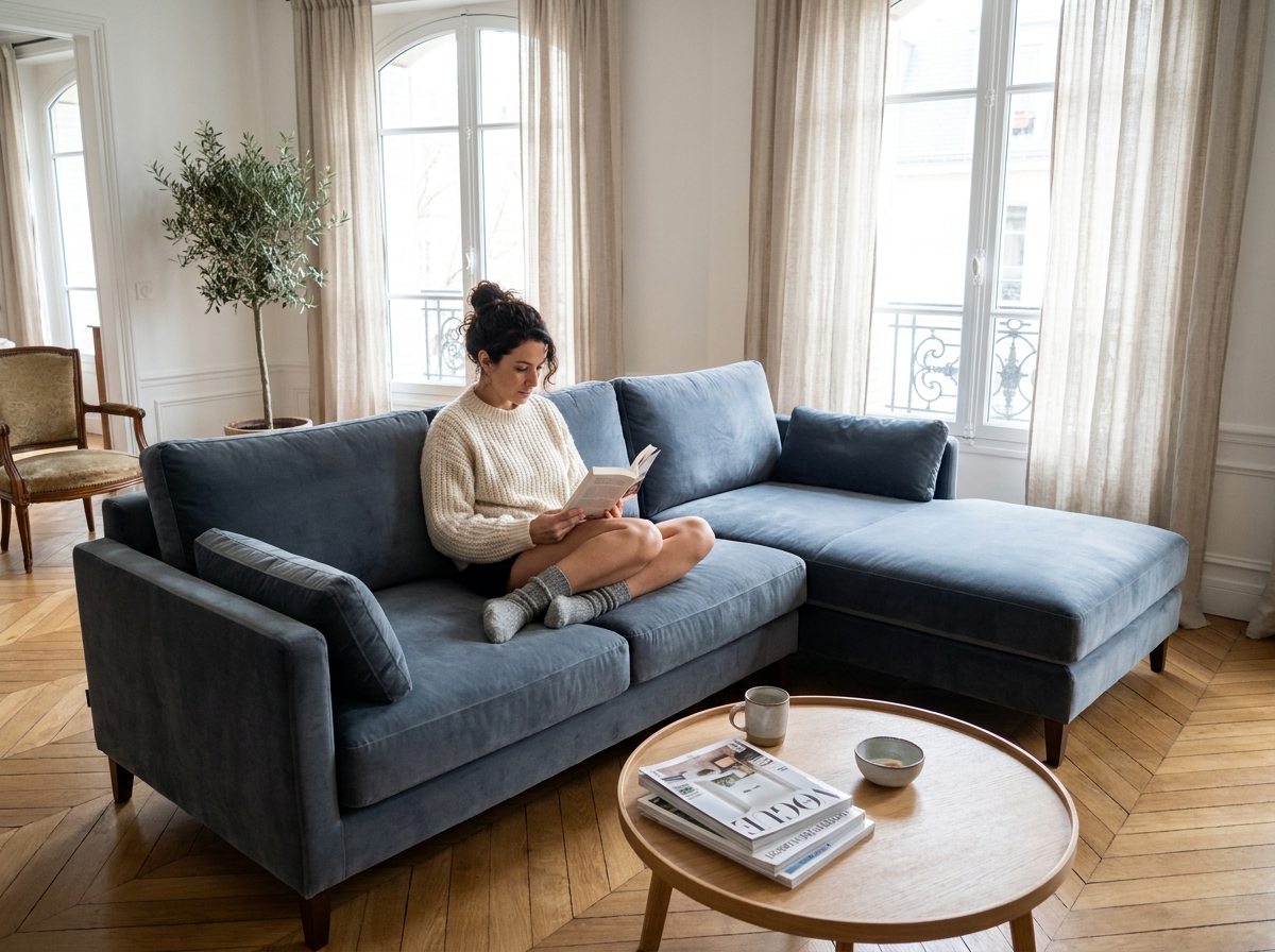Femme détendue lisant un livre sur un canapé velours bleu ardoise dans un appartement parisien moderne au parquet en chêne