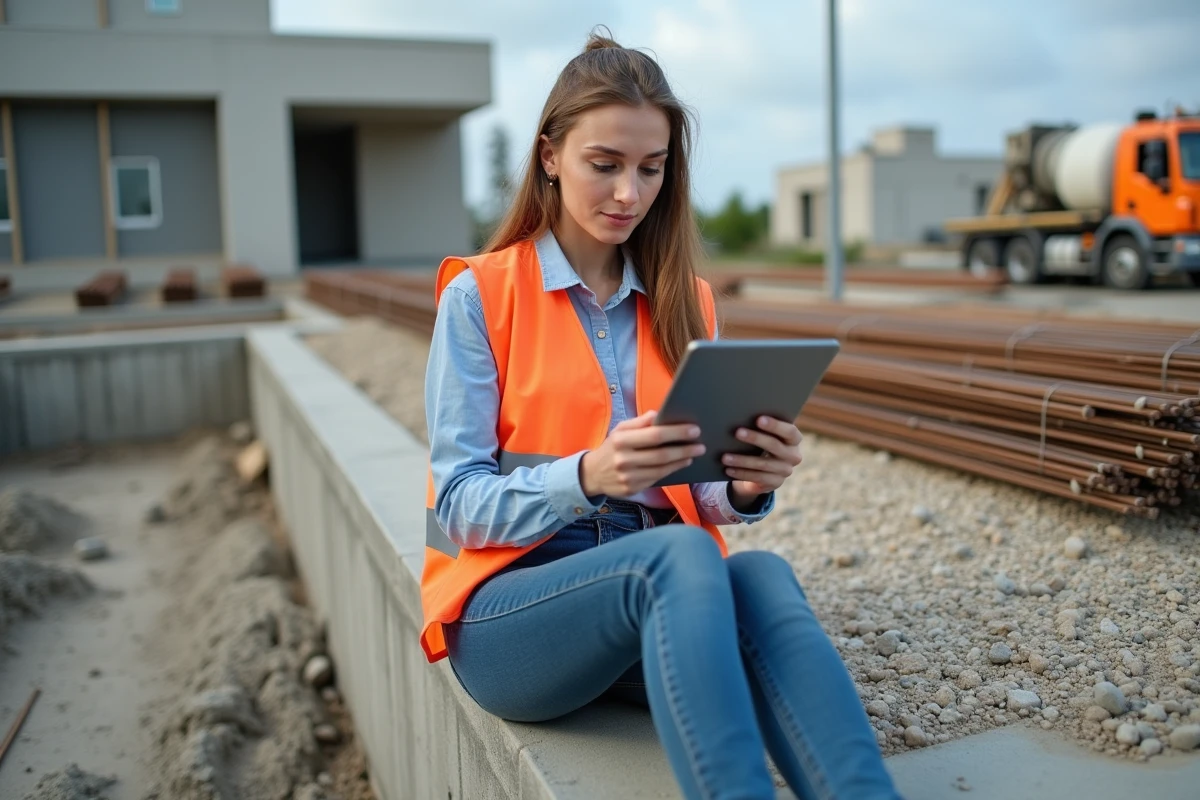 Jeune femme en safety vest examinant une facture sur sa tablette sur un chantier