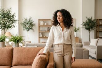 Femme choisissant un canapé sectionnel en tissu terracotta dans un showroom de meubles design
