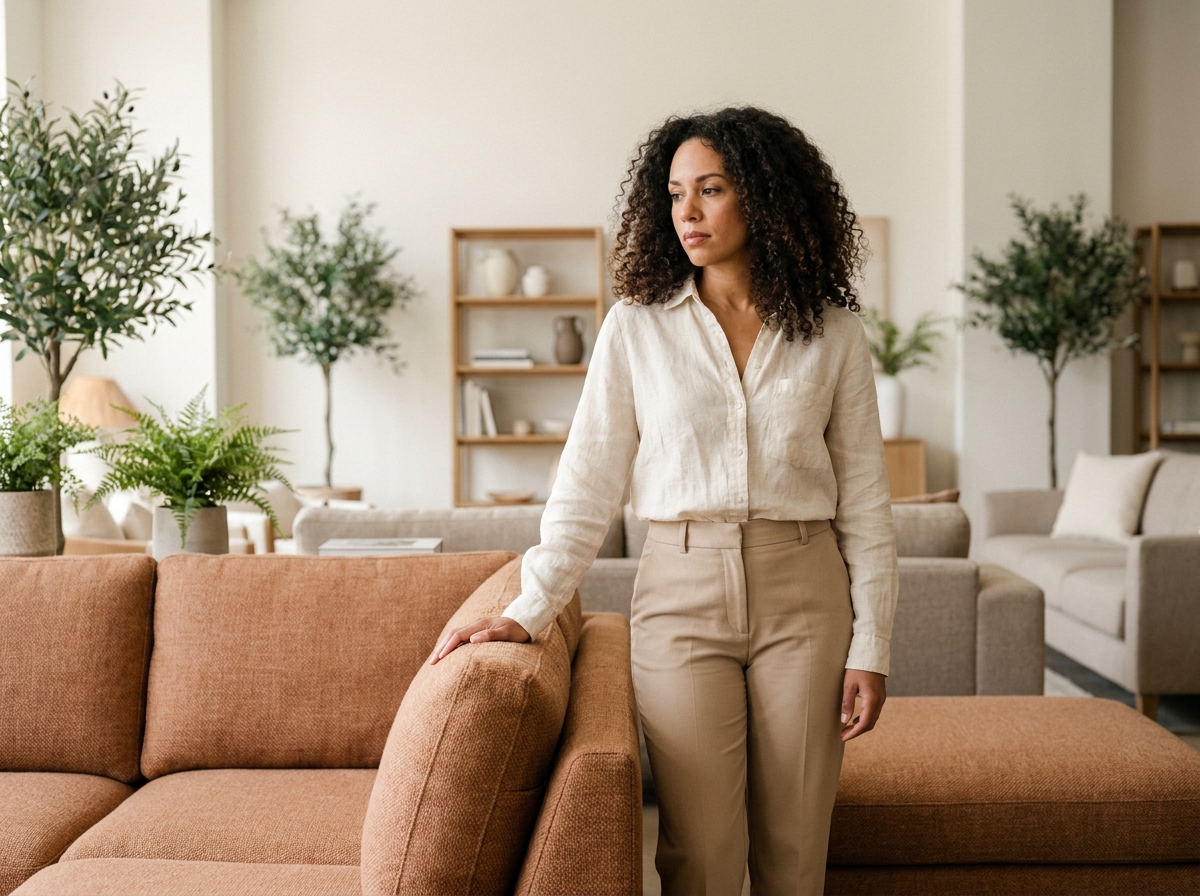 Femme choisissant un canapé sectionnel en tissu terracotta dans un showroom de meubles design