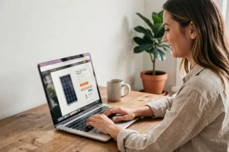 Femme cherchant un code promo pour un kit solaire sur un site de vente en ligne depuis son bureau à domicile