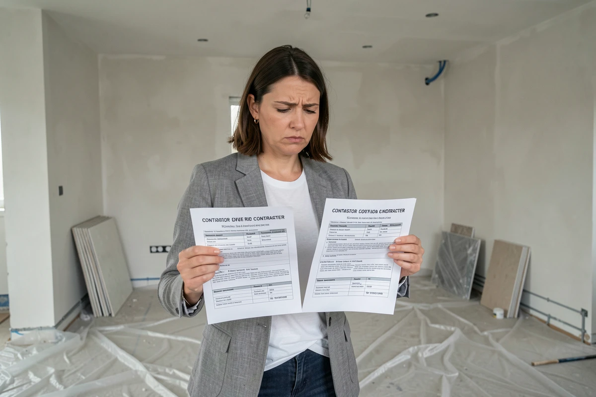 Femme propriétaire comparant deux devis d'artisan dans un salon en cours de rénovation, cherchant à éviter les erreurs avant de signer
