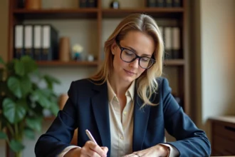 Femme consultant un contrat Ancronix Maison dans un bureau à domicile professionnel