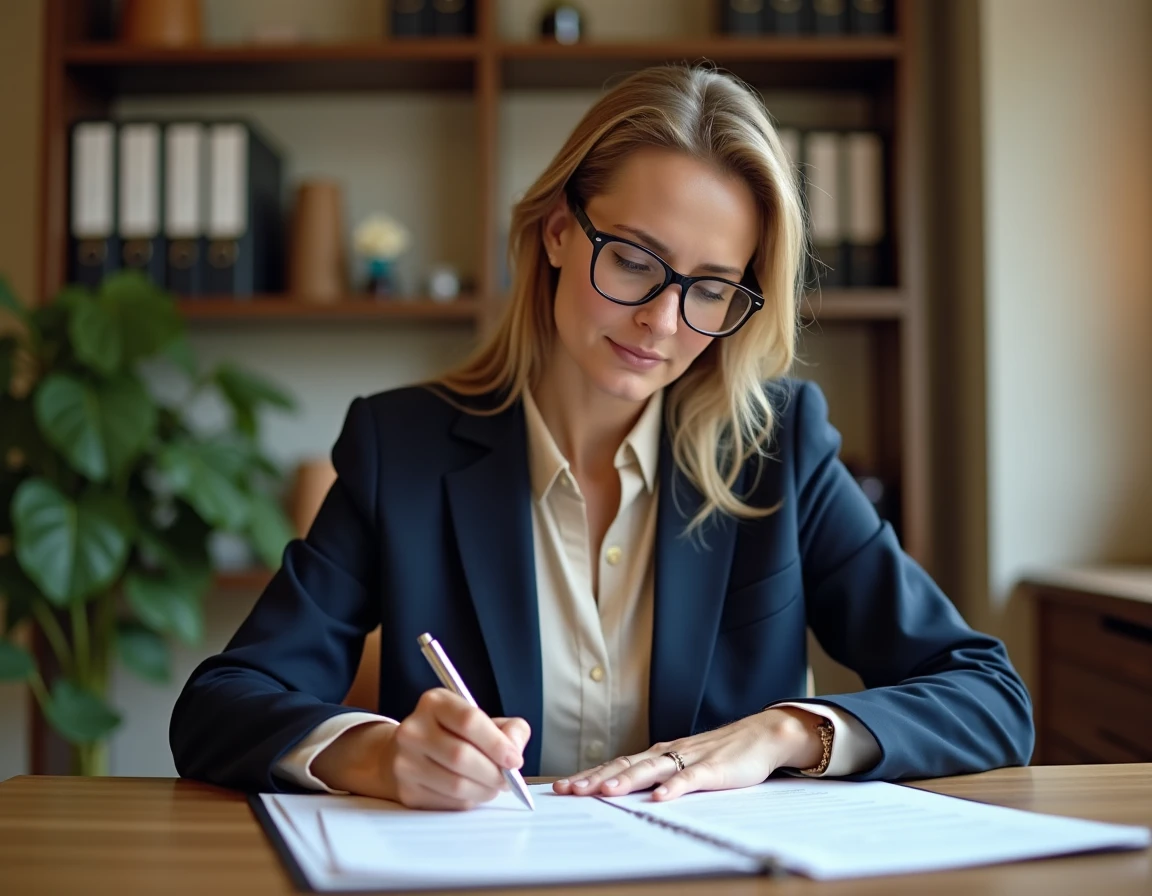 Femme consultant un contrat Ancronix Maison dans un bureau à domicile professionnel