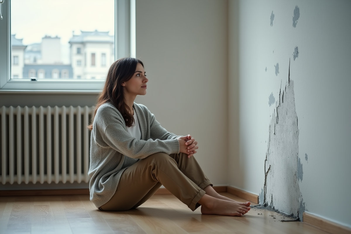 Jeune femme assise près d’un mur taché de selpetre dans un appartement moderne