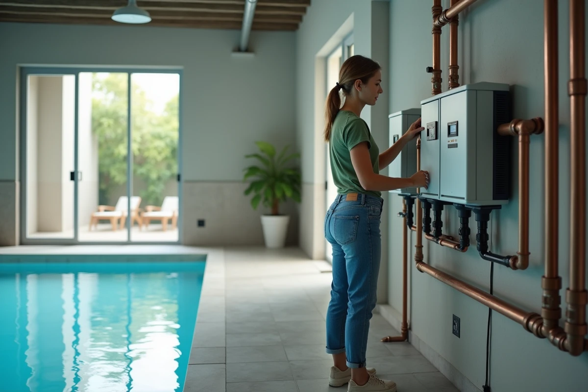 Femme vérifiant le panneau de contrôle de la piscine intérieure