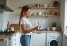 Jeune femme dans une cuisine compacte en train de lire un guide d'assemblage