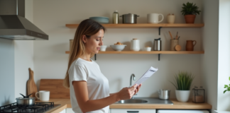 Jeune femme dans une cuisine compacte en train de lire un guide d'assemblage