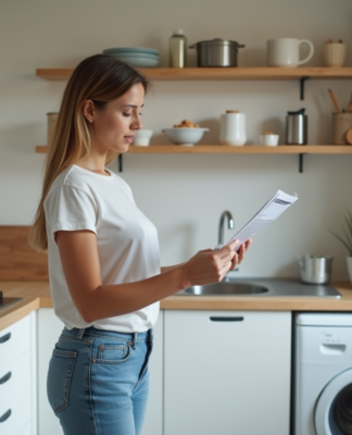 Jeune femme dans une cuisine compacte en train de lire un guide d'assemblage