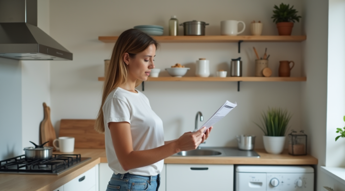 Jeune femme dans une cuisine compacte en train de lire un guide d'assemblage