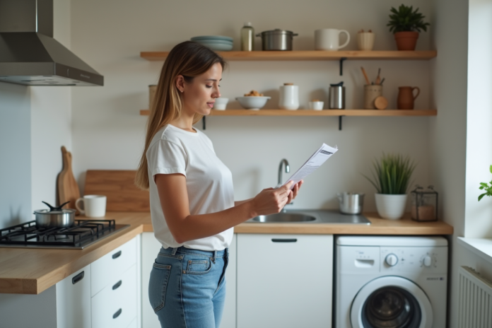 Jeune femme dans une cuisine compacte en train de lire un guide d'assemblage