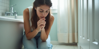 Jeune femme observe un petit araignee dans la salle de bain