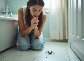 Les différents types d’insectes noirs que l’on peut rencontrer dans la salle de bain Jeune femme observe un petit araignee dans la salle de bain