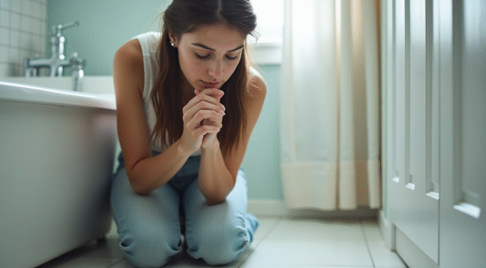 Jeune femme observe un petit araignee dans la salle de bain