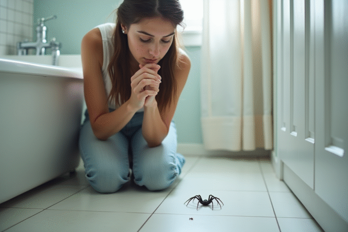 Jeune femme observe un petit araignee dans la salle de bain