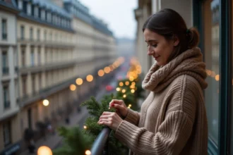 Jeune femme décorant un balcon urbain avec des guirlandes