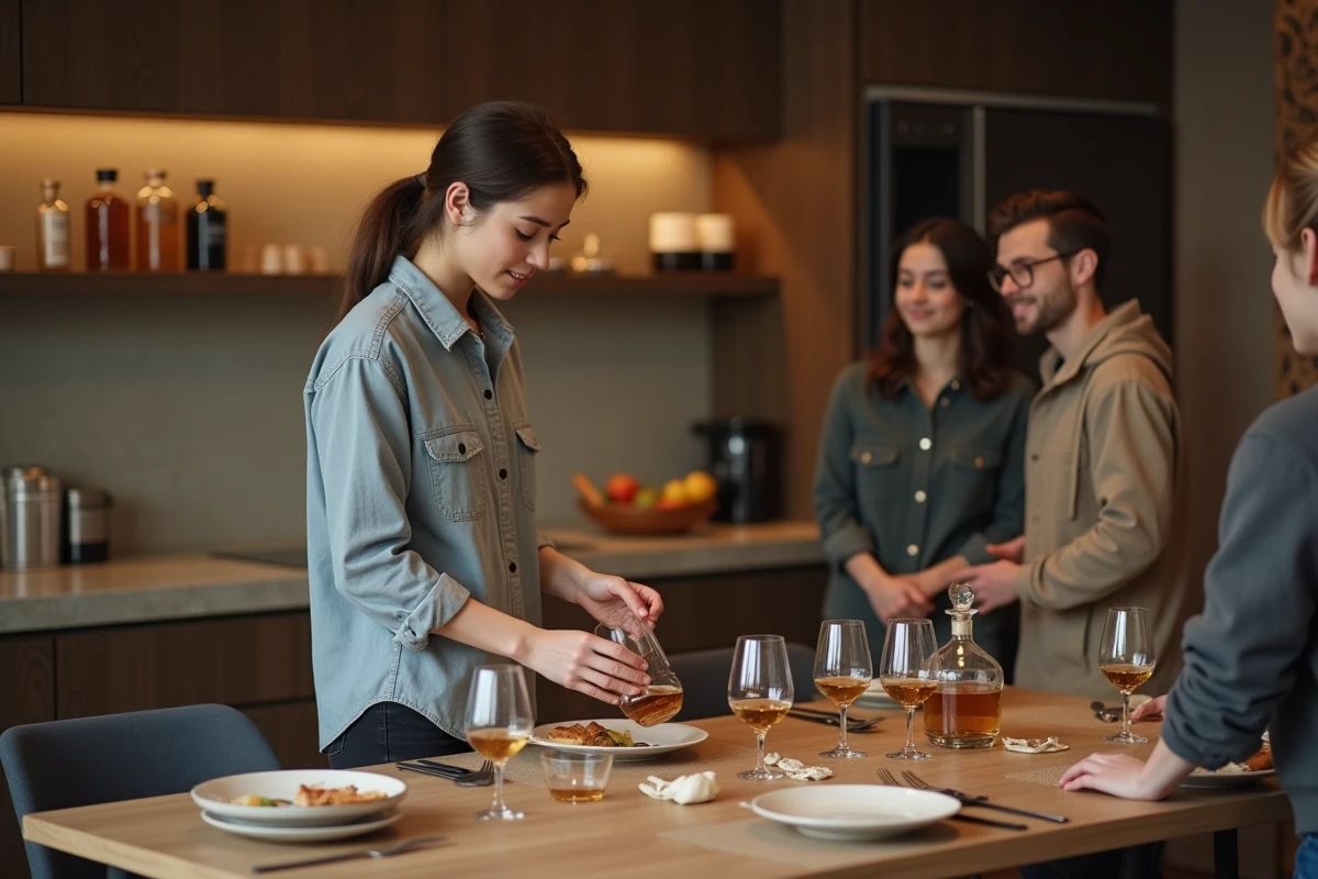 Jeune femme disposant un set de whisky sur la table lors d
