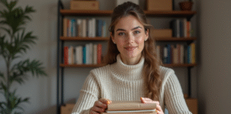 Femme emballant des livres dans un appartement moderne