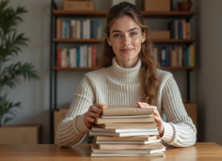 Femme emballant des livres dans un appartement moderne